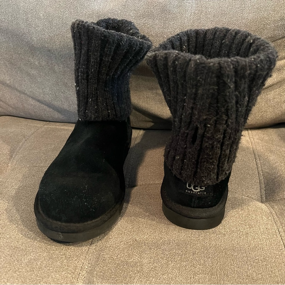 Ugg Women Cambridge Boot 8 Black Suede Sheepskin Gray Knit Foldable Tall…